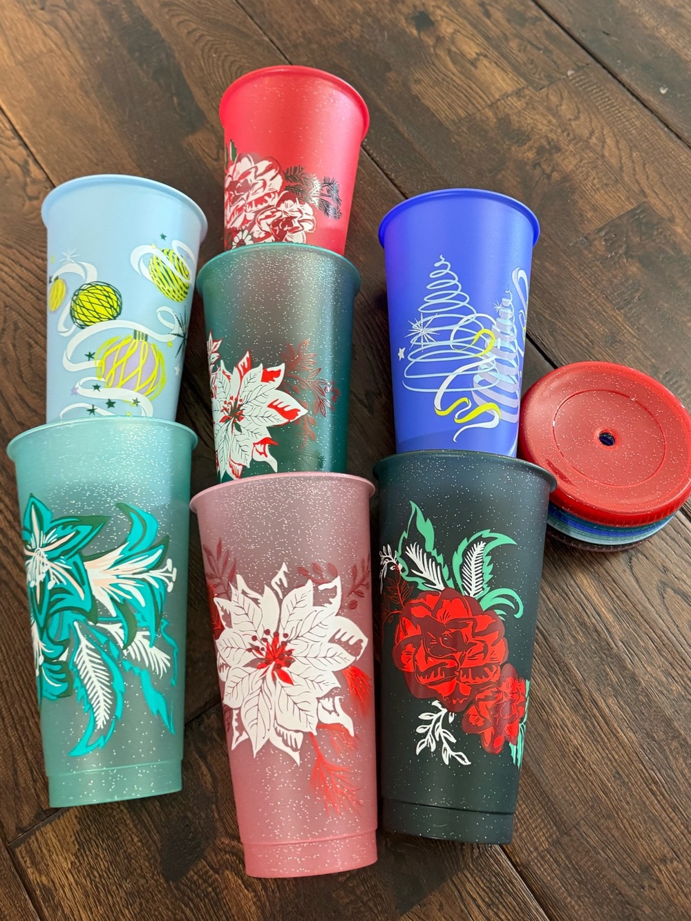 Starbucks Set of 7 Decorative Holiday Plastic Tumblers with Lids - Festive
